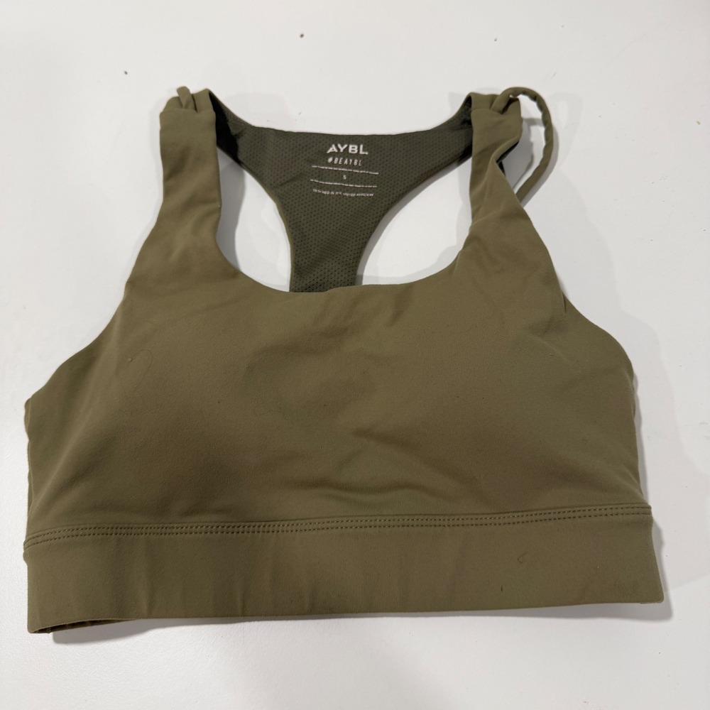 AYBL Womens Olive Green Mesh Racerback Sports Bra Size S Cutout Activewear